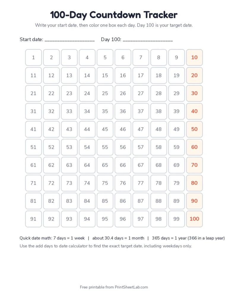 Printable 100-day countdown tracker to use with the add days to date calculator