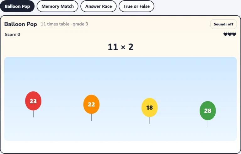 11 times table game Balloon Pop with balloons showing possible answers to a multiplication by 11 question