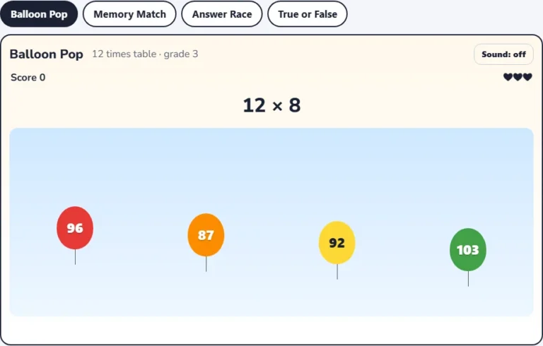 12 times table game Balloon Pop with balloons showing possible answers to a multiplication by 12 question