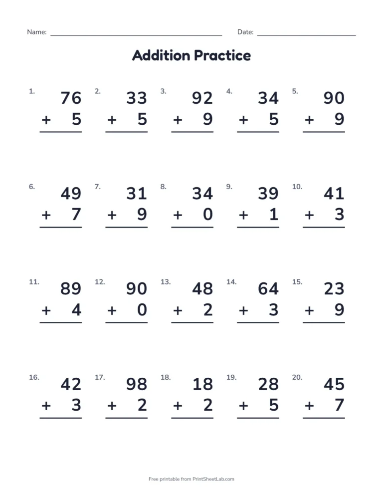 1st grade math worksheets: adding a two-digit and a one-digit number without regrouping