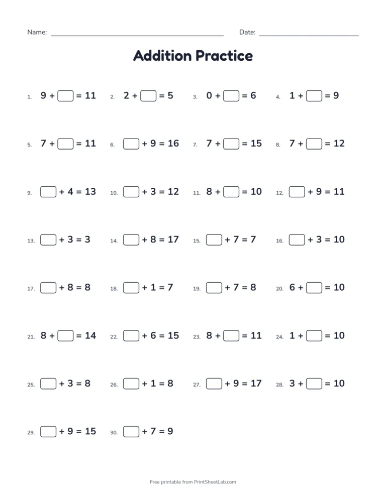 1st grade math worksheets: missing addend problems within 20