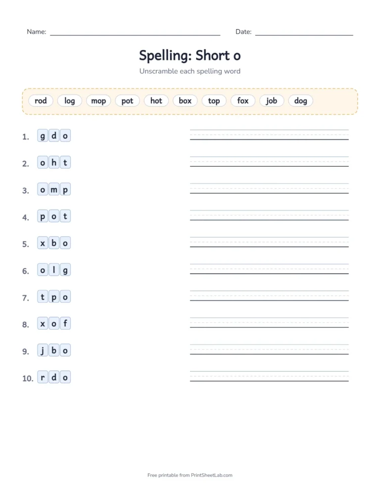 1st grade spelling list word scramble with a word bank for the short o words