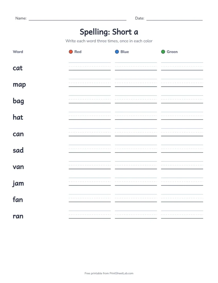 1st grade spelling words: a practice packet for the short a list with rainbow writing and a test
