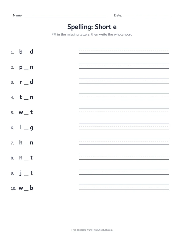1st grade spelling worksheet with missing letters for the short e words
