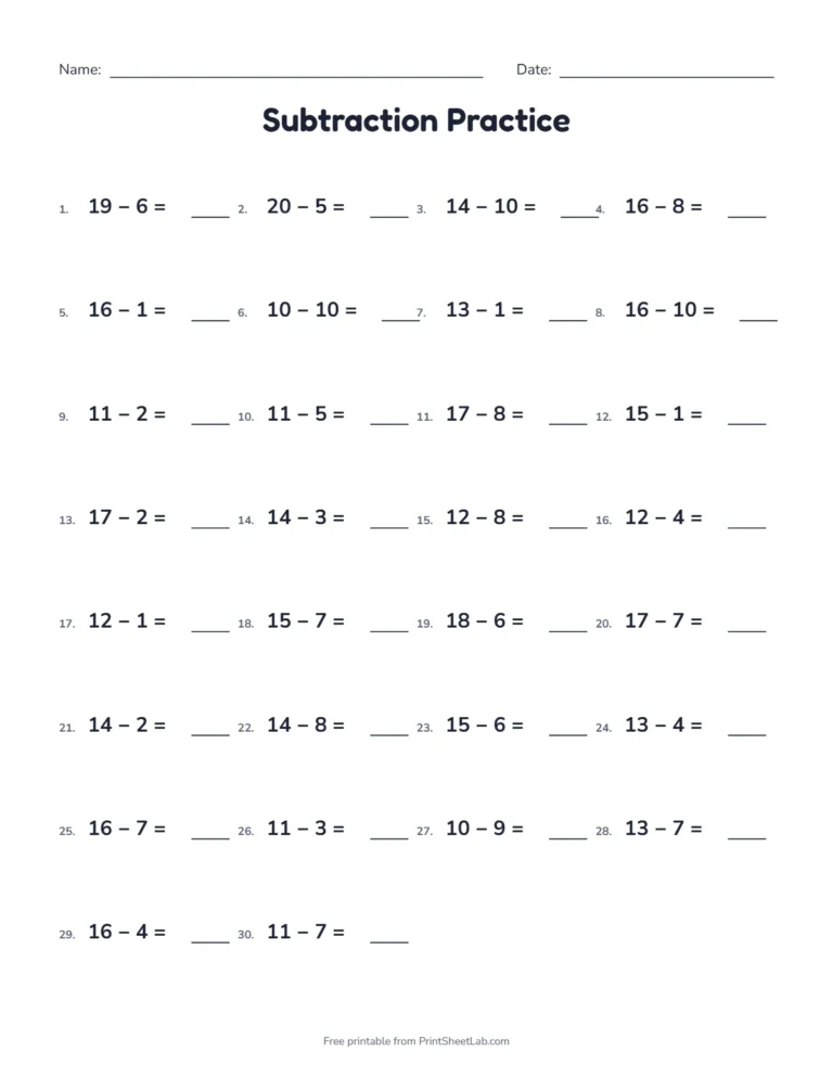 First grade math worksheets: subtraction within 20 with an answer key