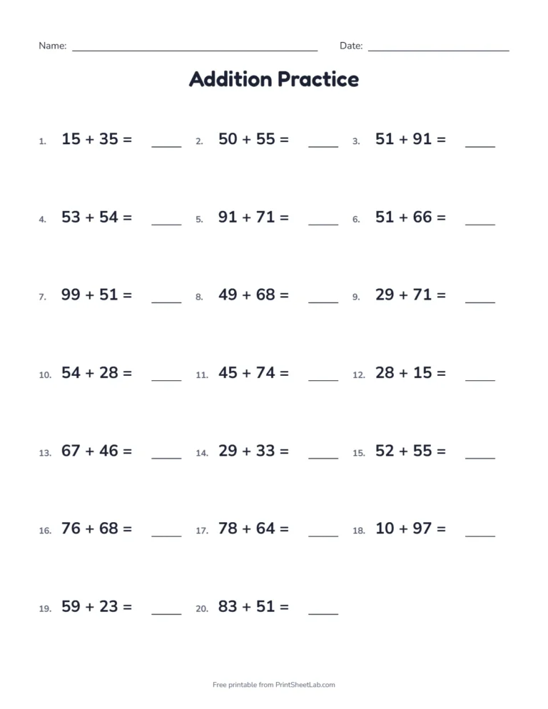 Two digit addition with carrying worksheet with 20 horizontal problems