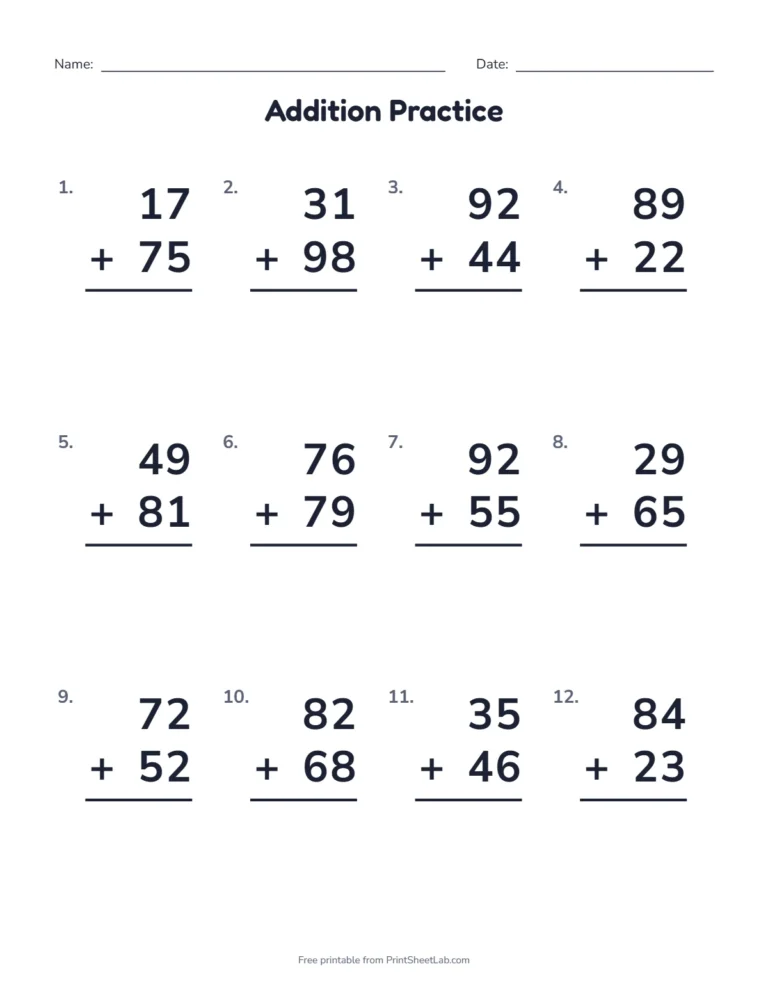 2-digit addition with regrouping worksheet in large print with 12 problems
