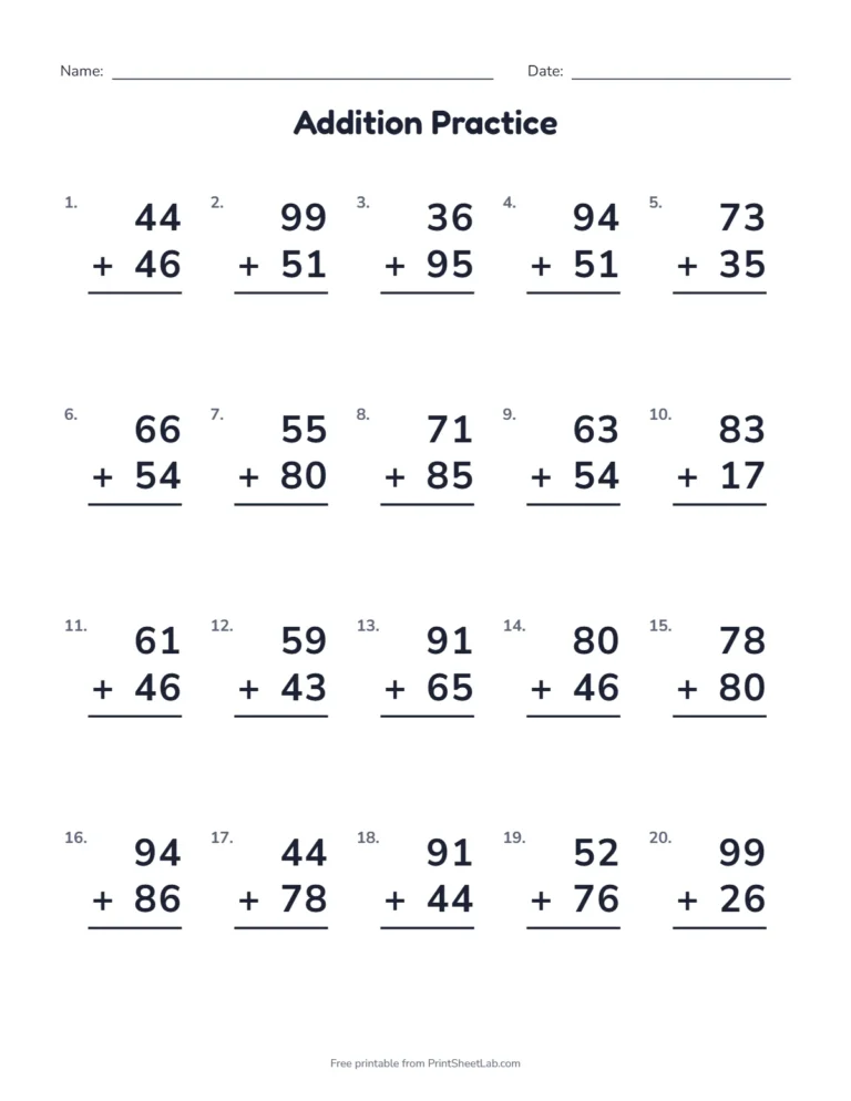 Printable math worksheets: 2-digit addition with regrouping and an answer key