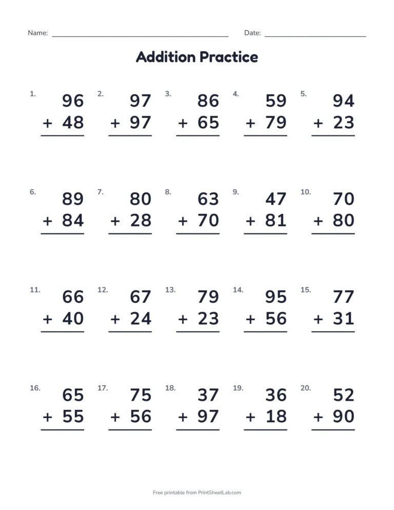 2-digit addition with regrouping: a worksheet of 20 two-digit problems that all need regrouping