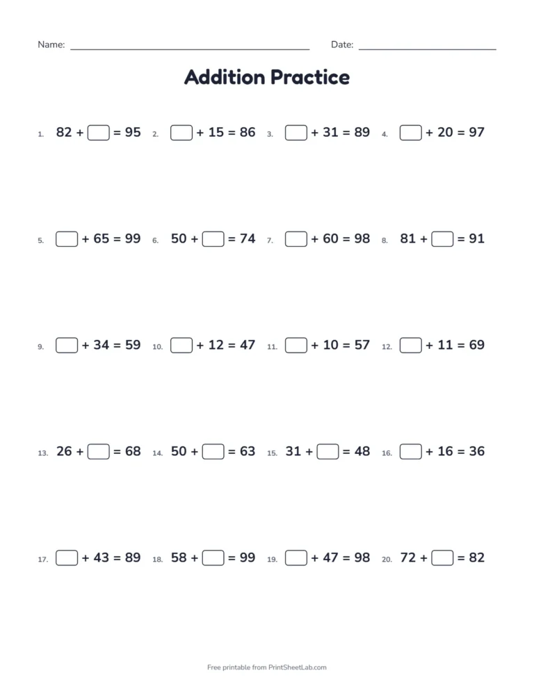 Addition without carrying worksheet with a missing number in each problem