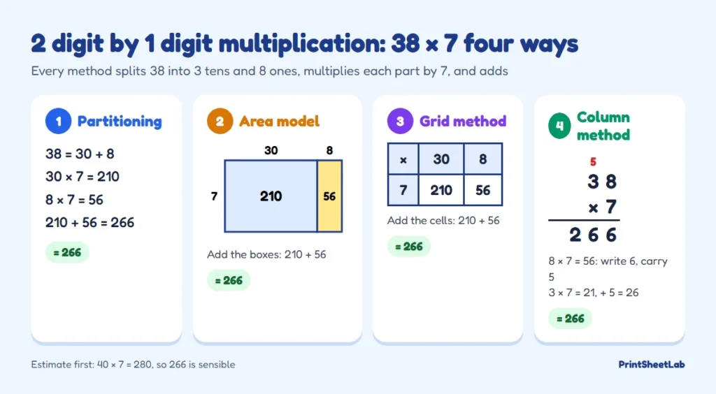 Chart of 2 digit by 1 digit multiplication methods for 38 × 7: partitioning, area model, grid method and column method, all giving 266