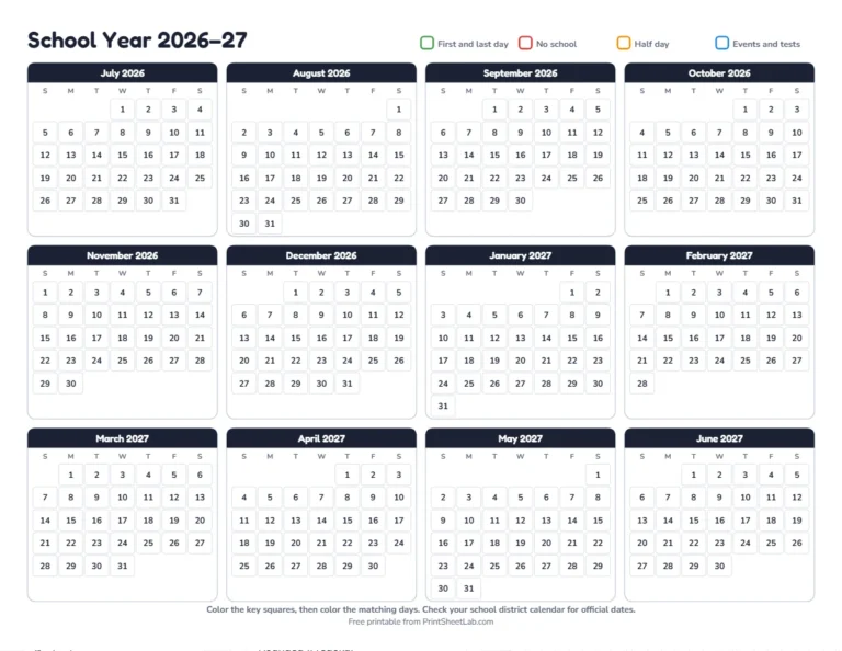 2026-2027 school calendar template with a July start in black and white