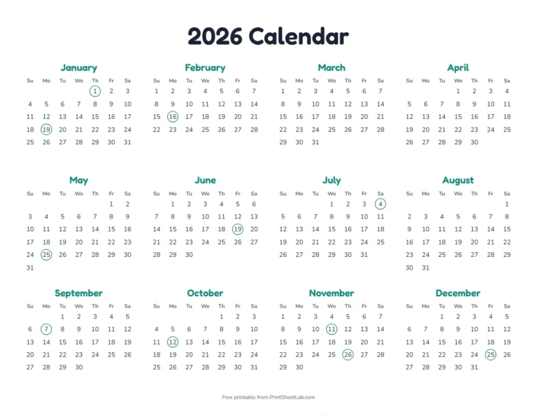 Printable 2026 calendar on one page with all 12 months and US federal holidays circled