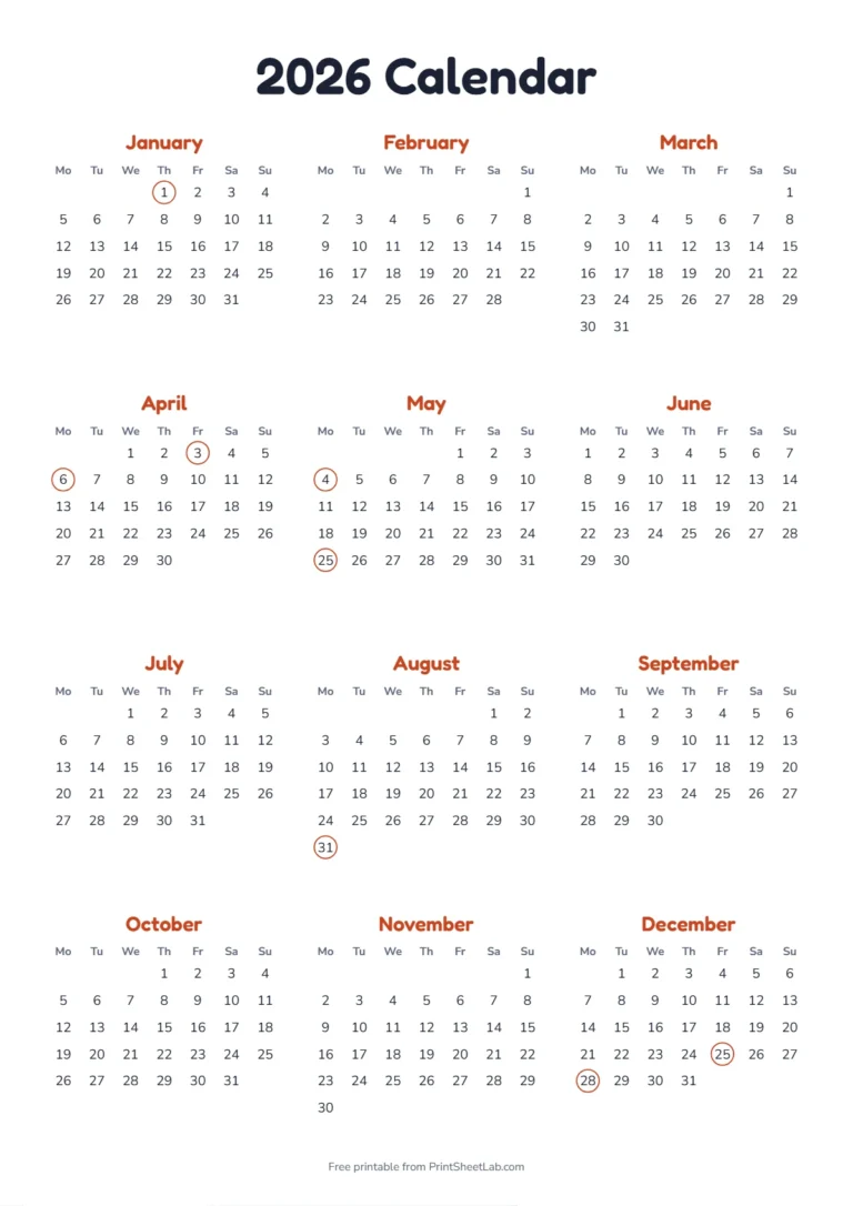 2026 yearly calendar on A4 with a Monday start and UK bank holidays