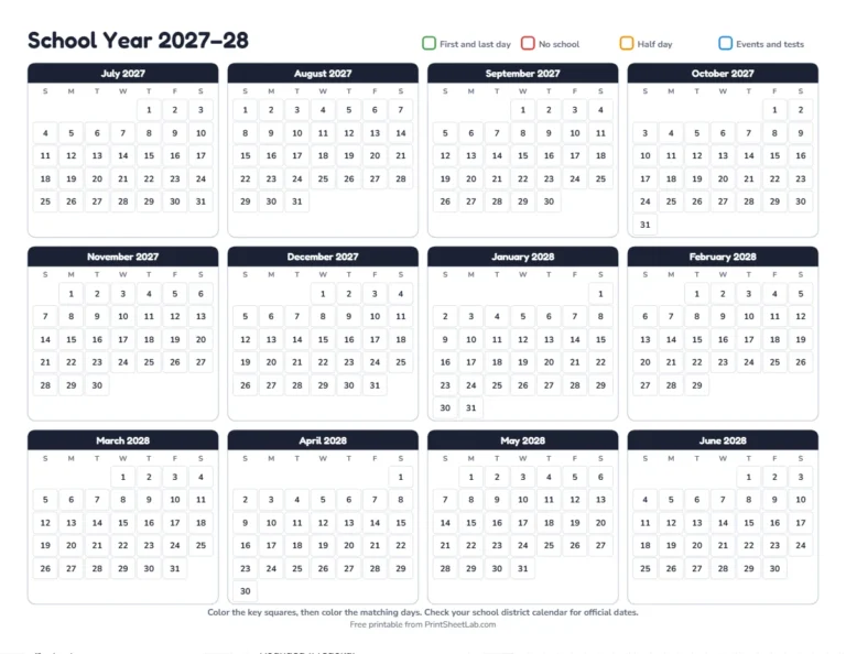 2027-2028 school calendar template with a July start in black and white