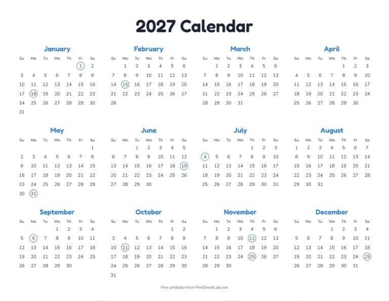 Printable 2027 calendar on one page with all 12 months and US federal holidays circled