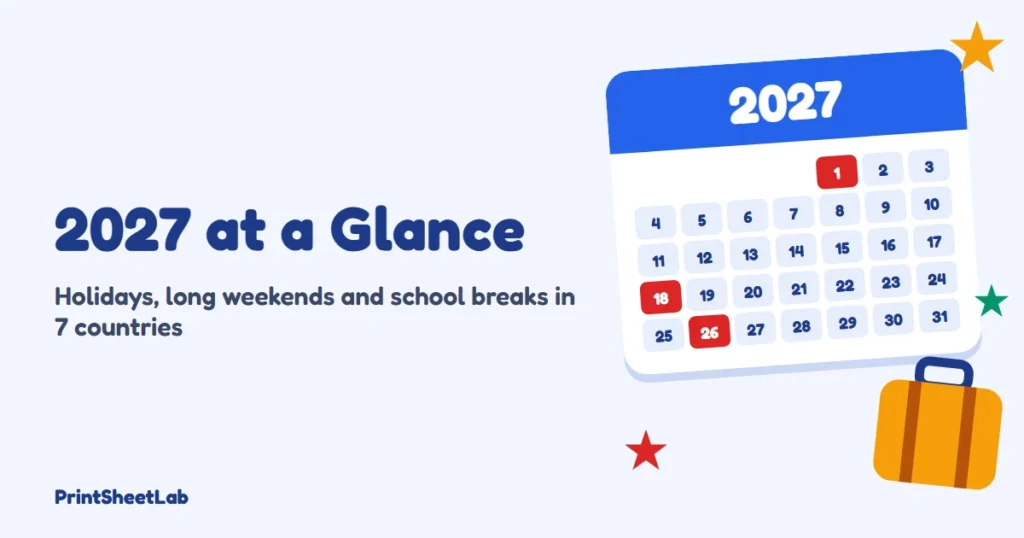 2027 holidays at a glance cover with a 2027 calendar page, stars and a suitcase