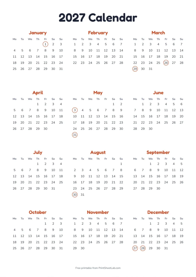 2027 yearly calendar on A4 with a Monday start and UK bank holidays