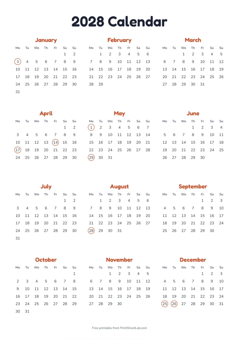 2028 yearly calendar on A4 with a Monday start and UK bank holidays