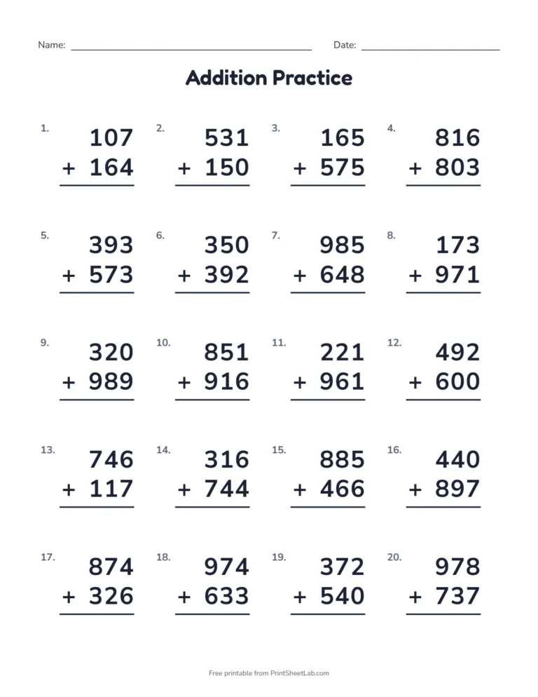 2nd grade math worksheets: 3-digit addition within 1,000