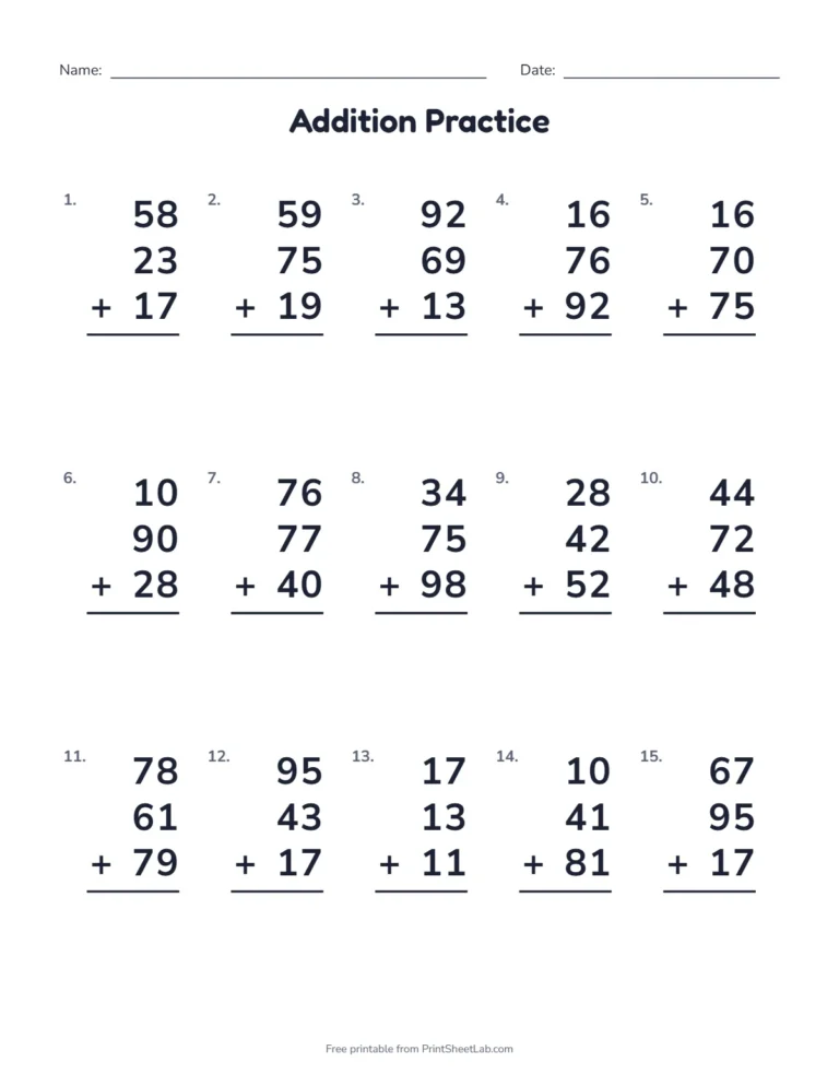 2nd grade math worksheets: adding three two-digit numbers