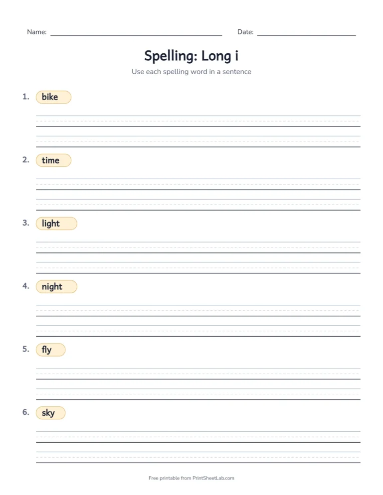 Spelling practice 2nd grade sentence page for the long i words