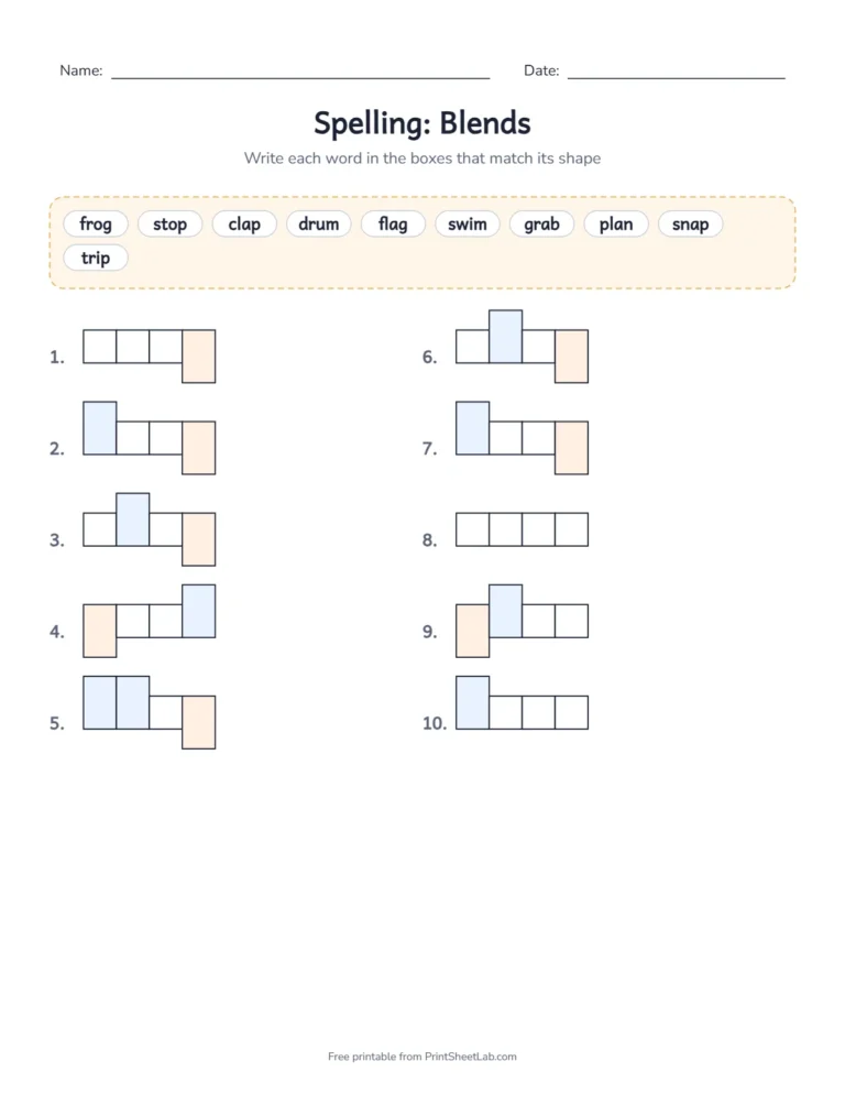 2nd grade spelling list word shape boxes for the blend words