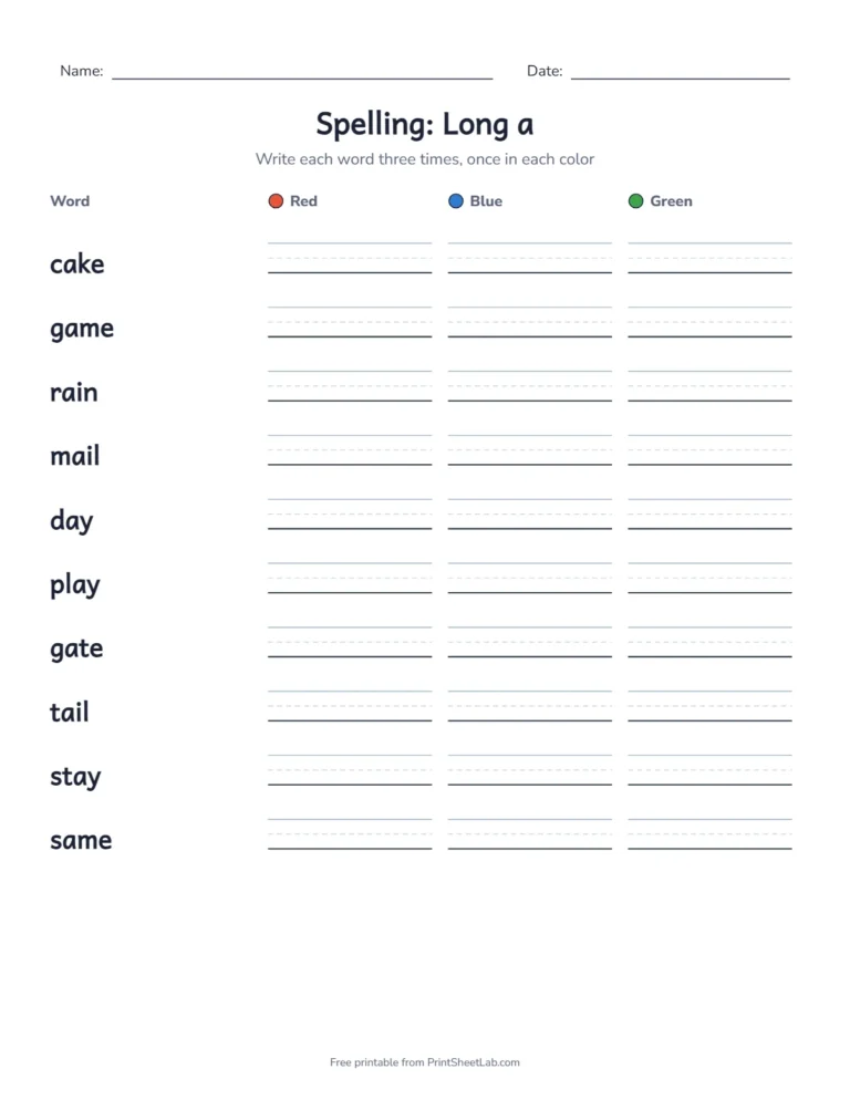 2nd grade spelling words: a practice packet for the long a list with rainbow writing and a test