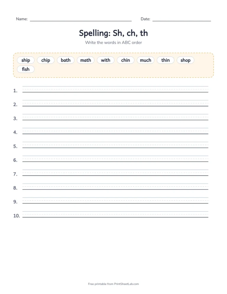 2nd grade spelling worksheet with ABC order for the sh, ch and th words