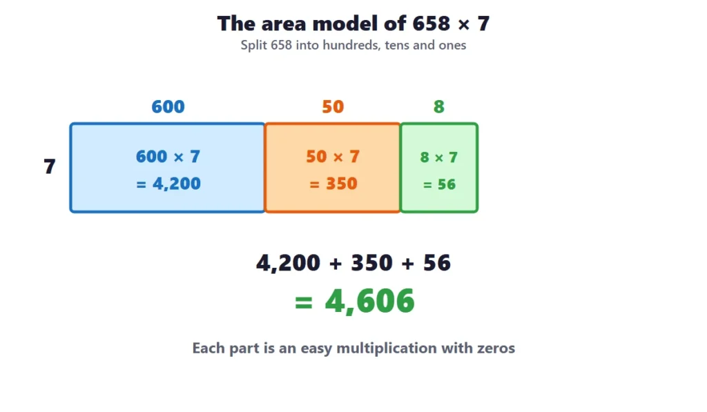 3 and 4-digit by 1-digit multiplication: the area model of 658 times 7 in hundreds, tens and ones