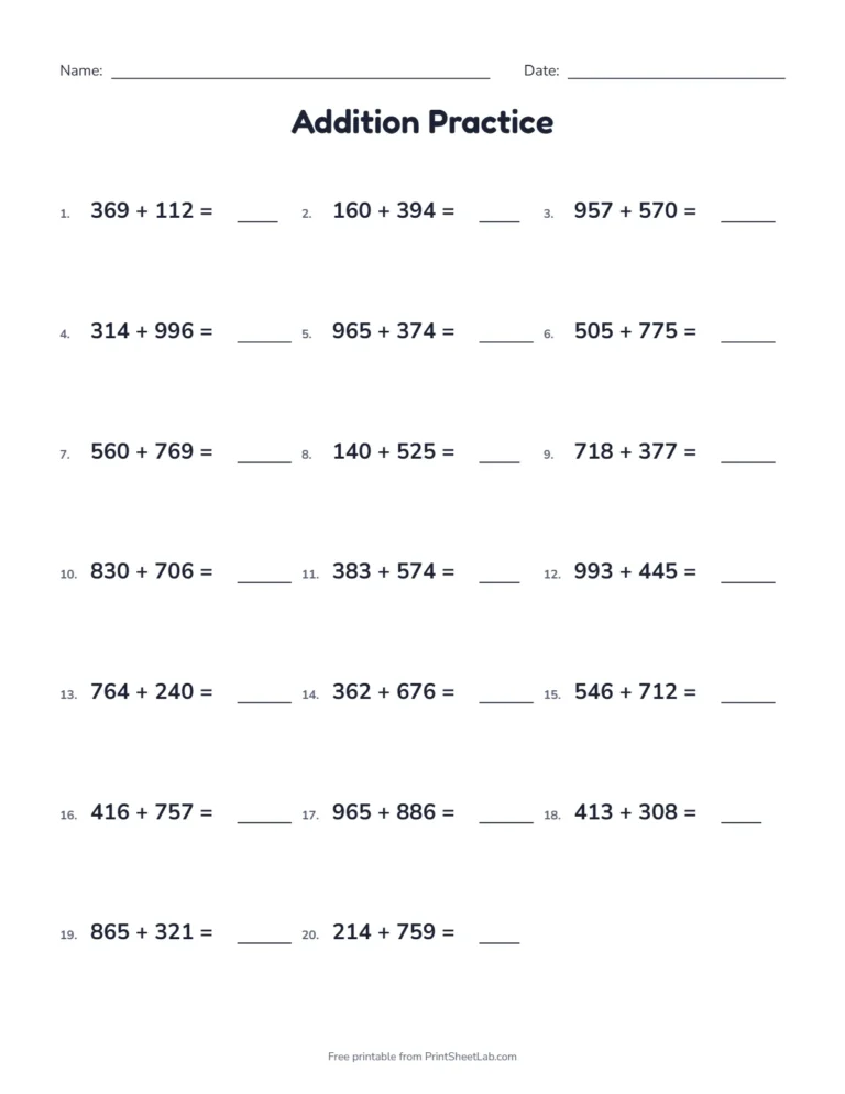 Three digit addition worksheet with 20 horizontal problems