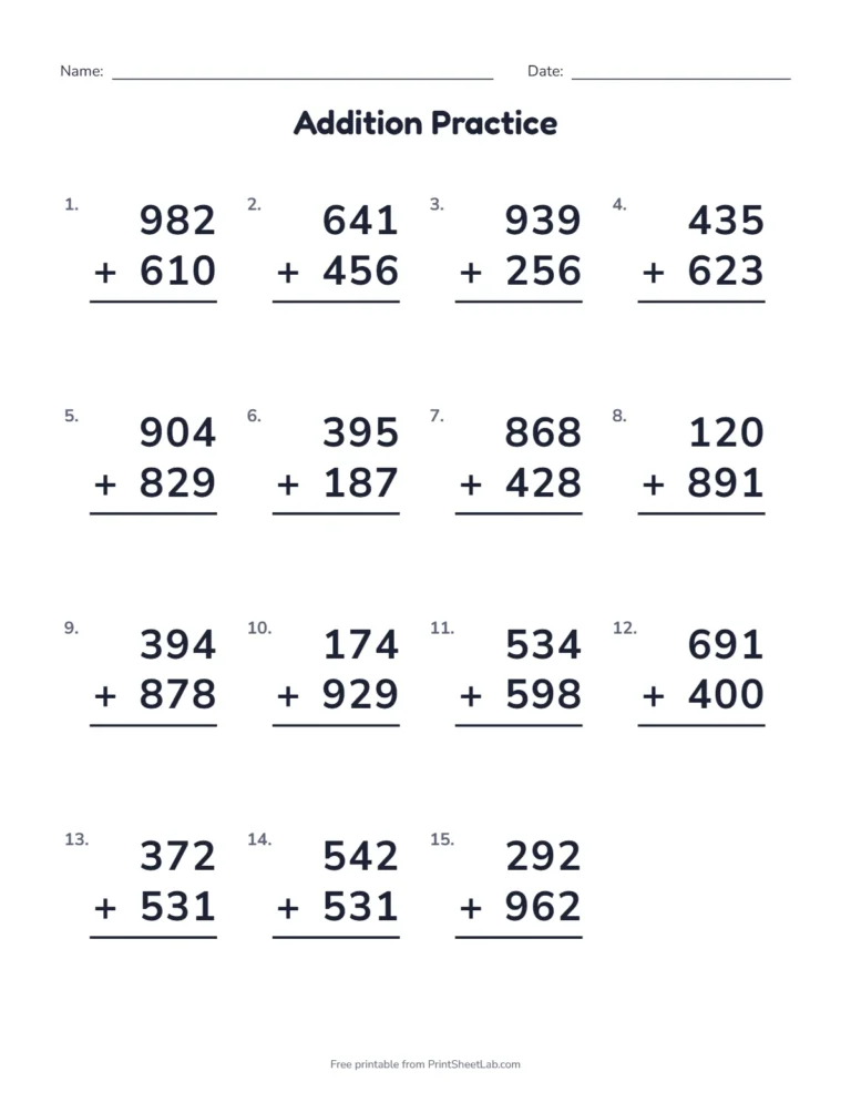 3-digit addition: a worksheet of 15 three-digit problems with regrouping