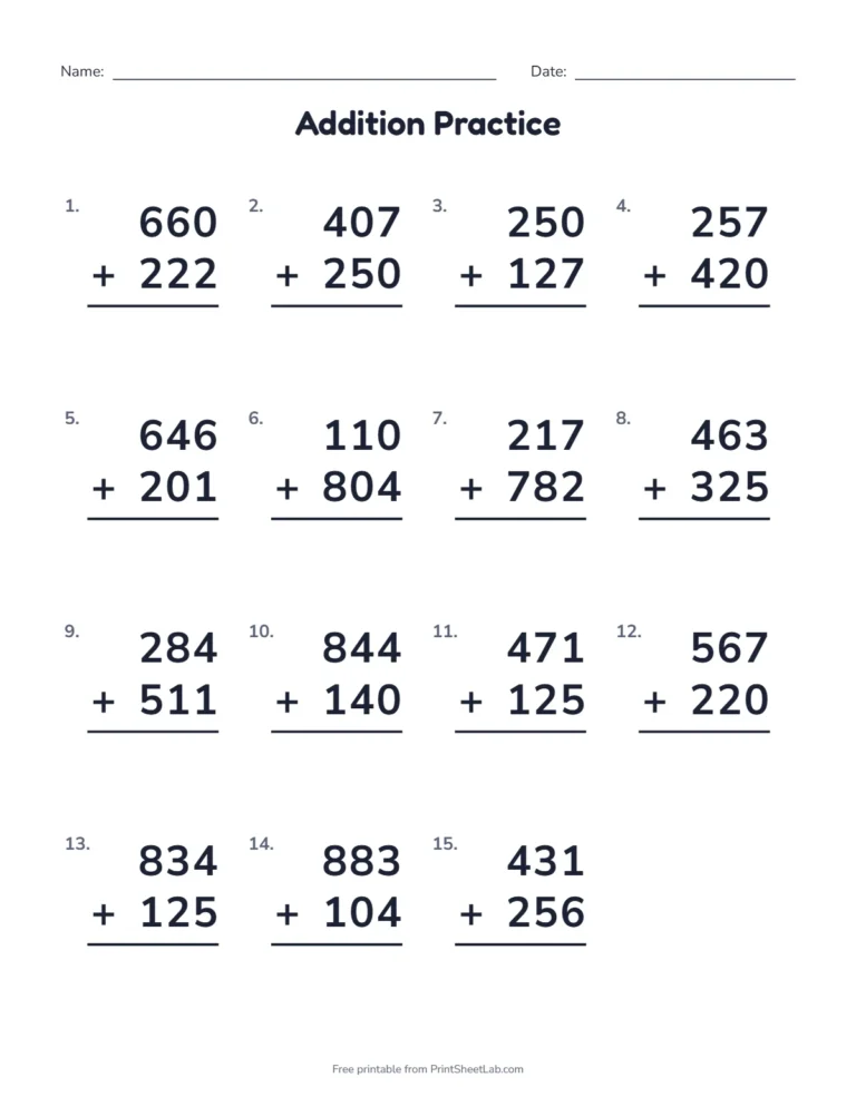 3 digit addition worksheet without regrouping with 15 problems