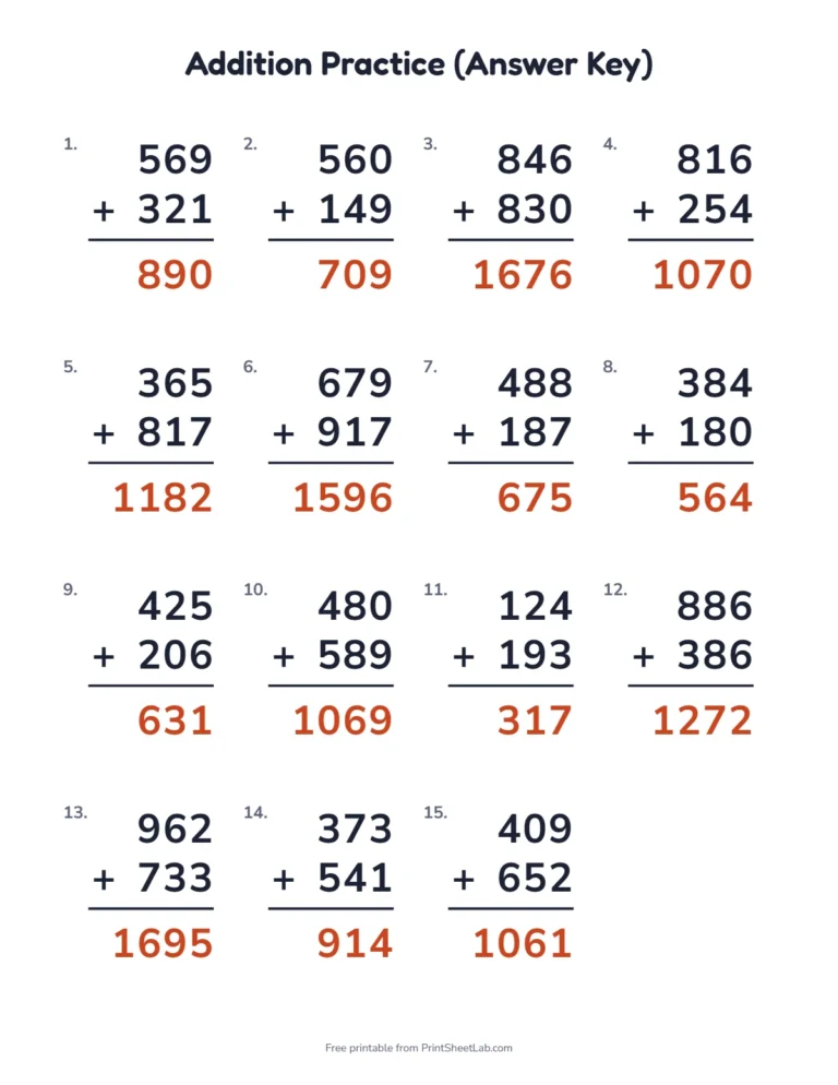 Answer key for the 3-digit addition worksheet with regrouping