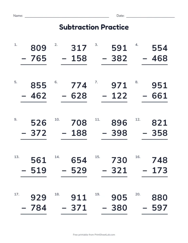 3-digit subtraction with borrowing worksheet with an answer key