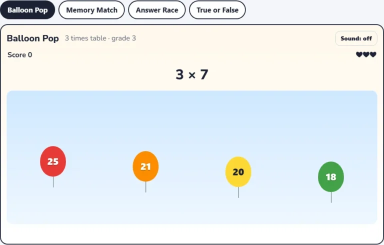 3 times table game Balloon Pop with balloons showing possible answers to a multiplication by 3 question
