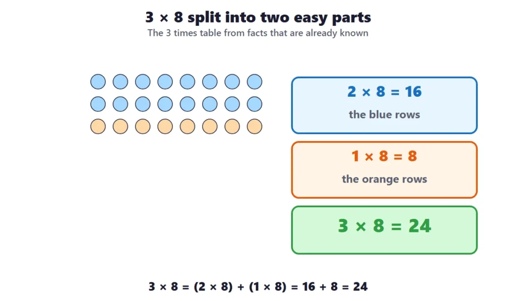 3 times table worksheets: an array of 3 rows and 8 columns of dots split into two easy parts