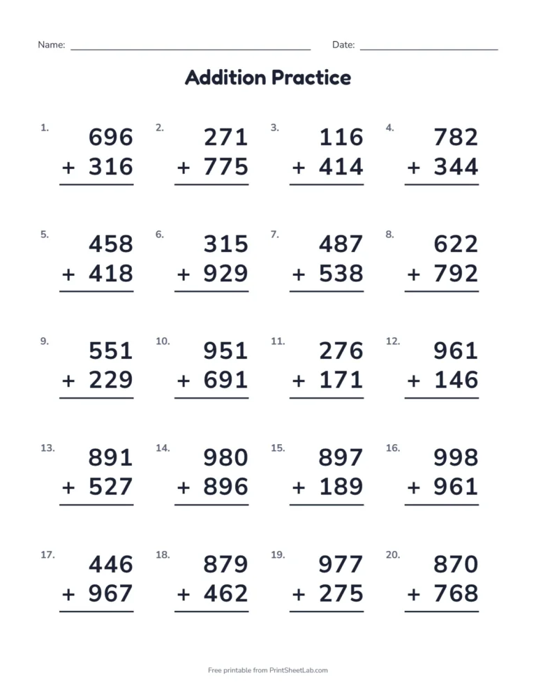 Grade 3 math worksheets: 3-digit addition with regrouping