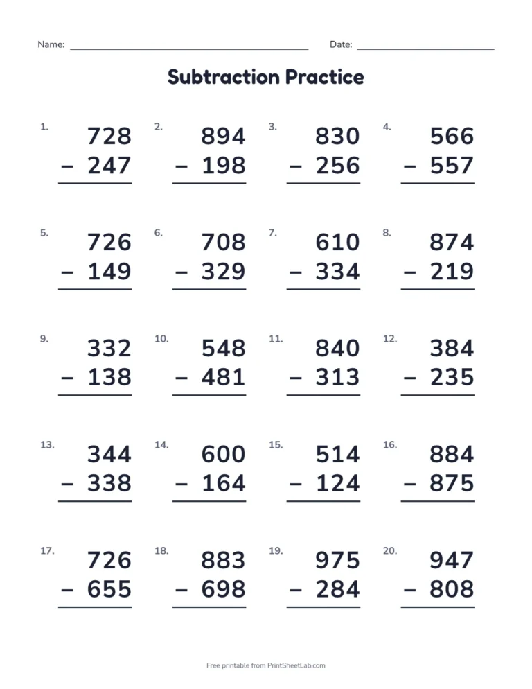3rd grade math worksheets: 3-digit subtraction with regrouping