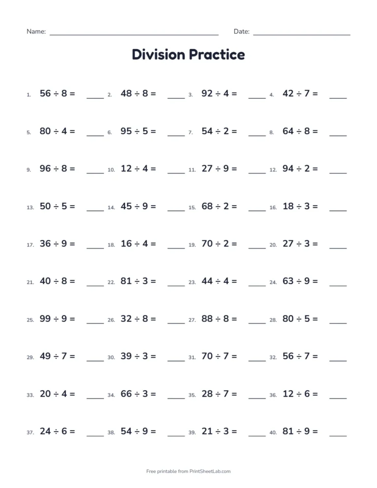 Math worksheets for 3rd graders: division within 100 with no remainders