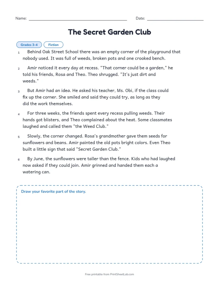 3rd and 4th grade reading comprehension worksheets: the story The Secret Garden Club with numbered paragraphs