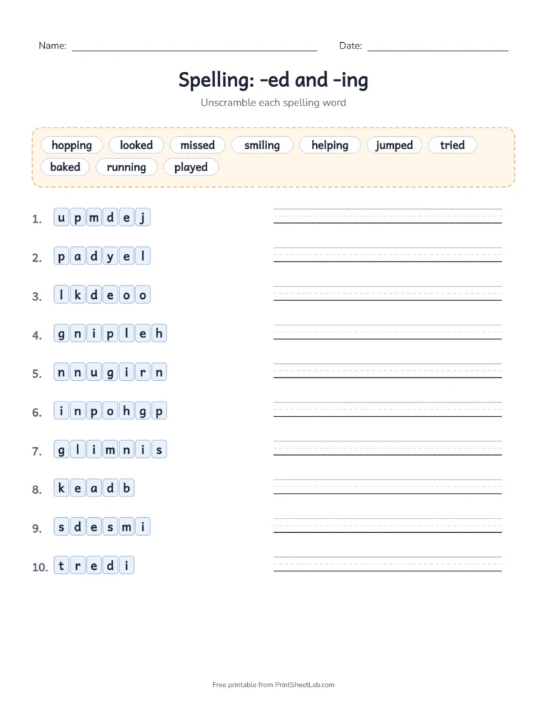 3rd grade spelling list word scramble with a word bank for the -ed and -ing words