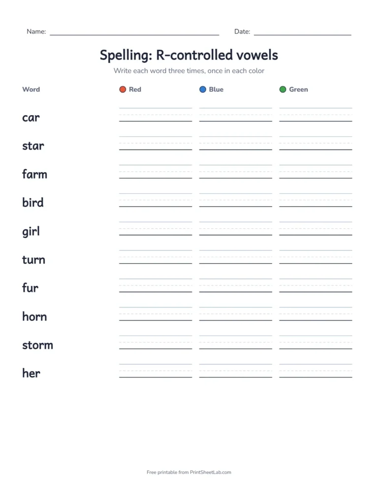 3rd grade spelling words: a practice packet for the r-controlled vowels list with rainbow writing and a test