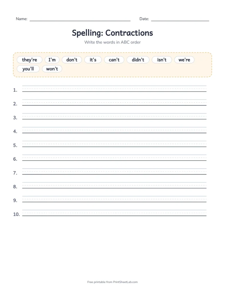 3rd grade spelling worksheet with ABC order for the contractions list