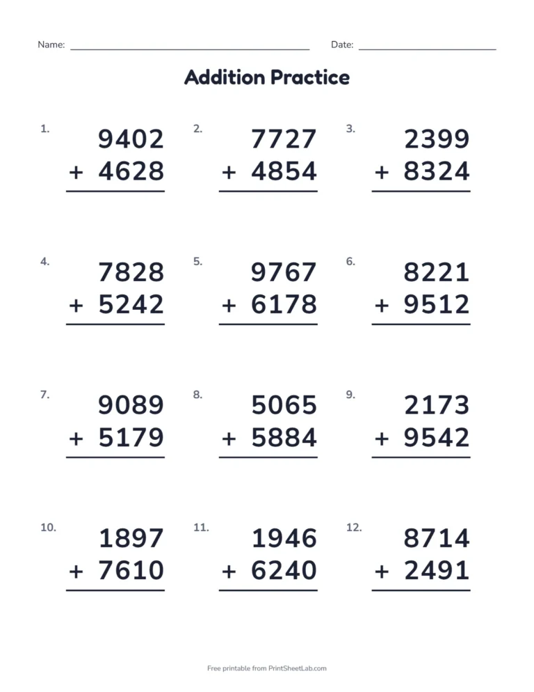 4 and 5 digit addition: a worksheet of 12 four-digit problems with regrouping