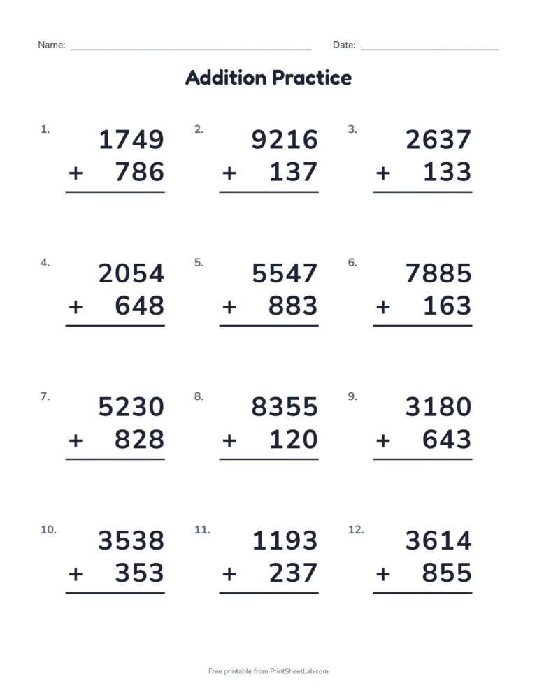 Multi digit addition worksheet that adds a four-digit and a three-digit number