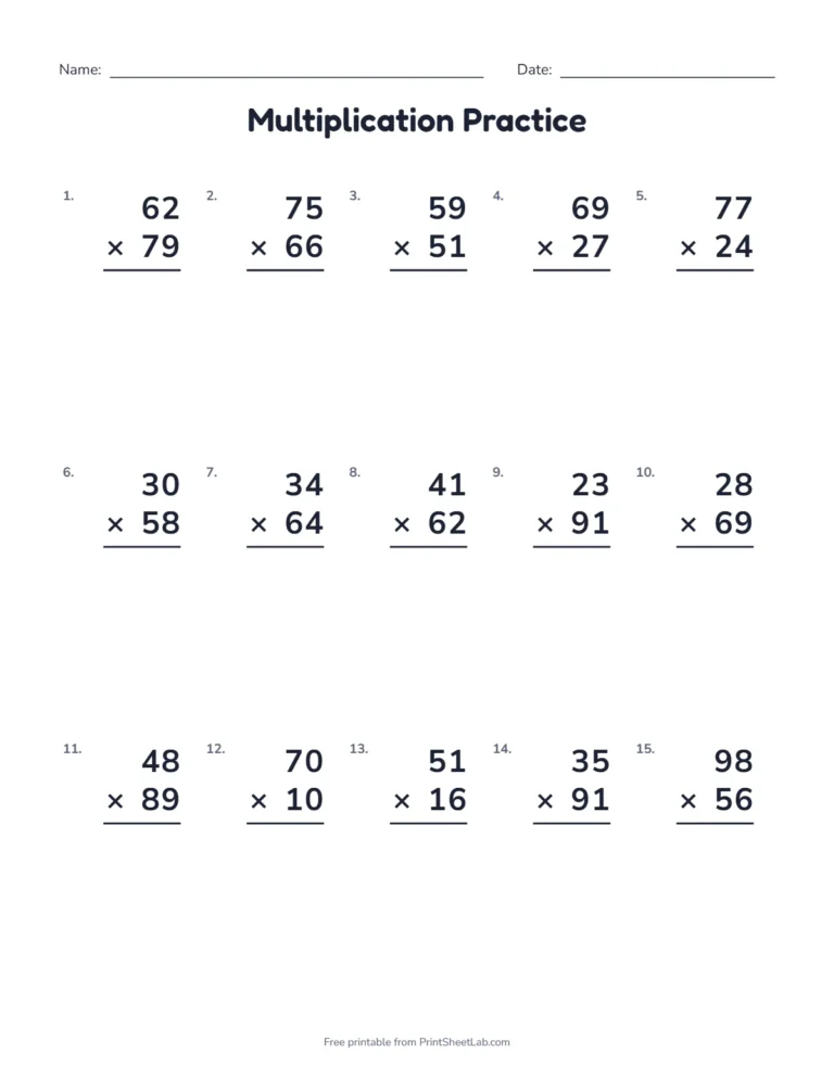 Math worksheets for 4th graders: 2-digit by 2-digit multiplication
