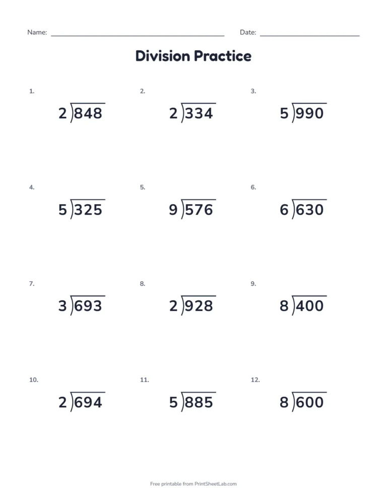 Grade 4 math worksheets: long division with 1-digit divisors
