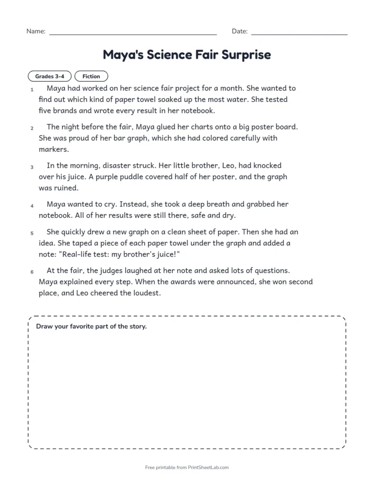 4th grade reading comprehension passage in black and white for Maya’s Science Fair Surprise