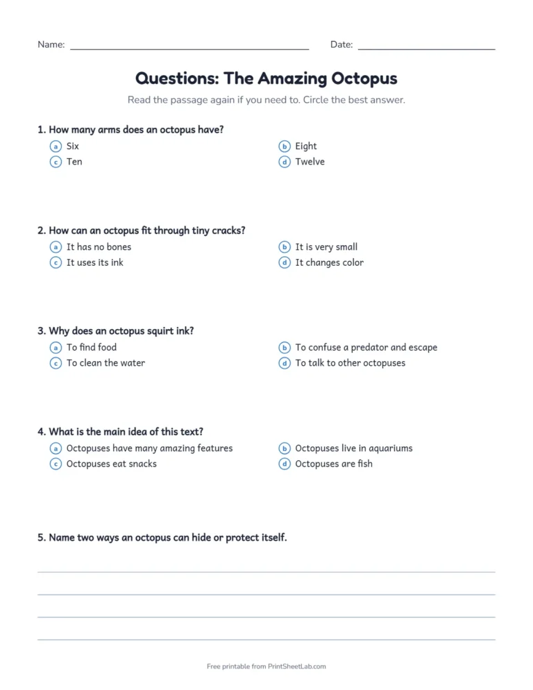 4th grade reading comprehension questions for the nonfiction passage The Amazing Octopus